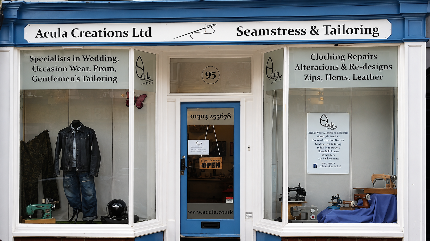 The Acula Creations shopfront at 95 Sandgate High Street — windows listing wedding, prom, occasion wear, gentlemen's tailoring, alterations and leather